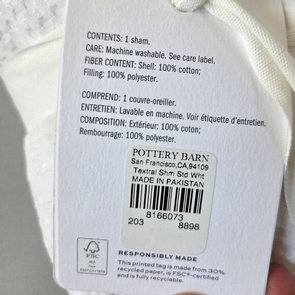Pottery Barn Standard Pillow Sham White Waffle Weave Cotton 26"X20" NEW - Picture 3 of 4